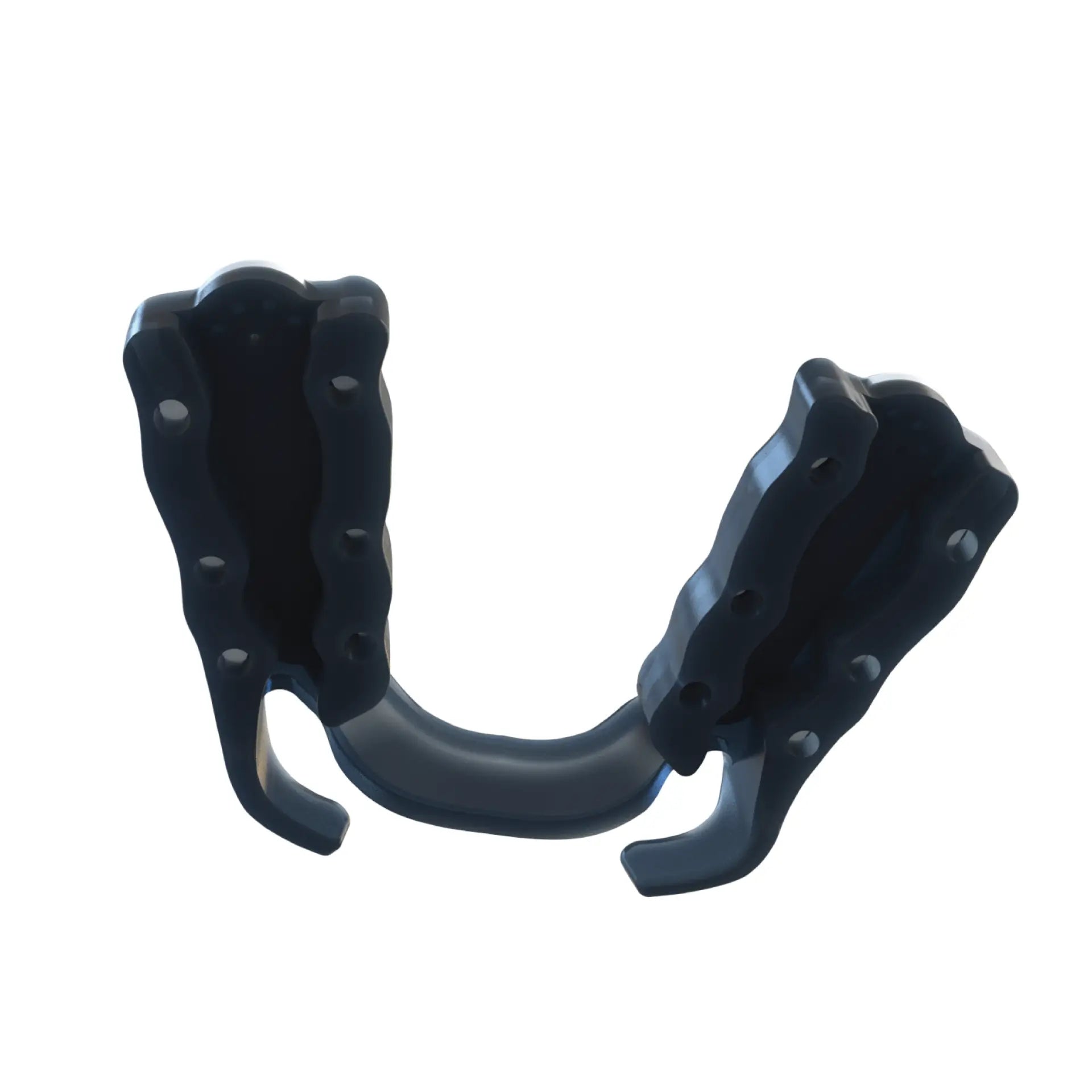 Black and gray performance mouthpiece with textured side wings, central bite pad, and ventilation holes.