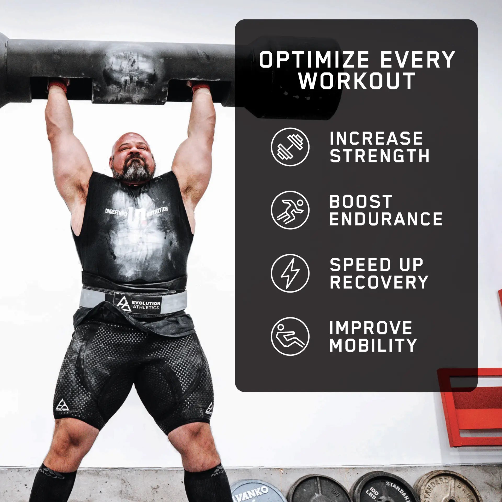 Black performance mouthpiece held by athlete lifting barbell, with benefit icons displayed on right panel.