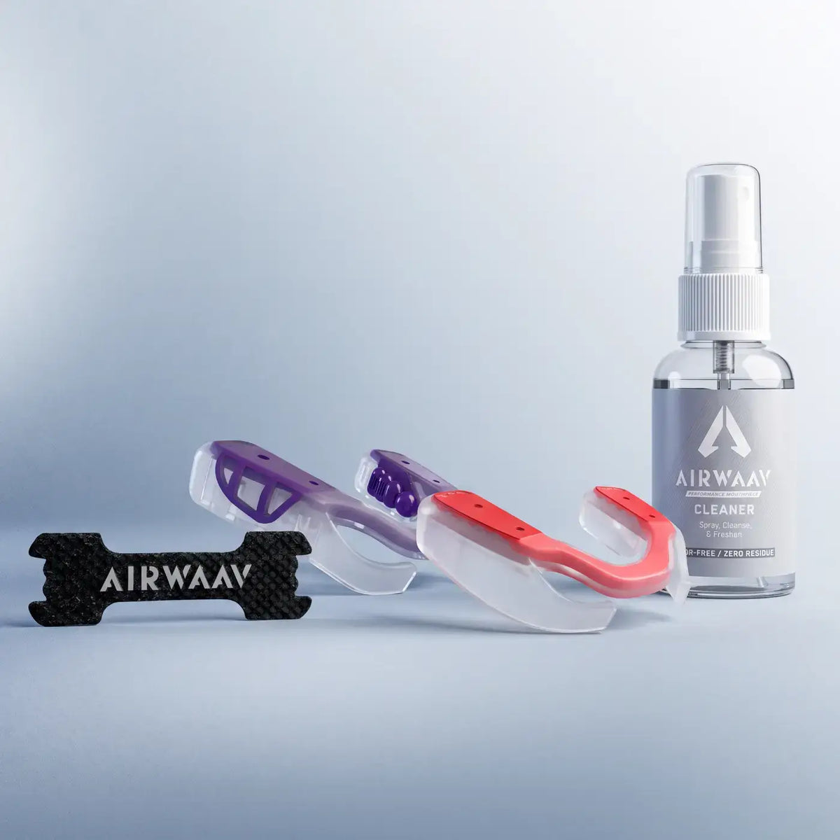 AIRWAAV Bundle including the Nasal Strips, Performance and Recovery Mouthpieces, and Mouthpiece Cleaner.