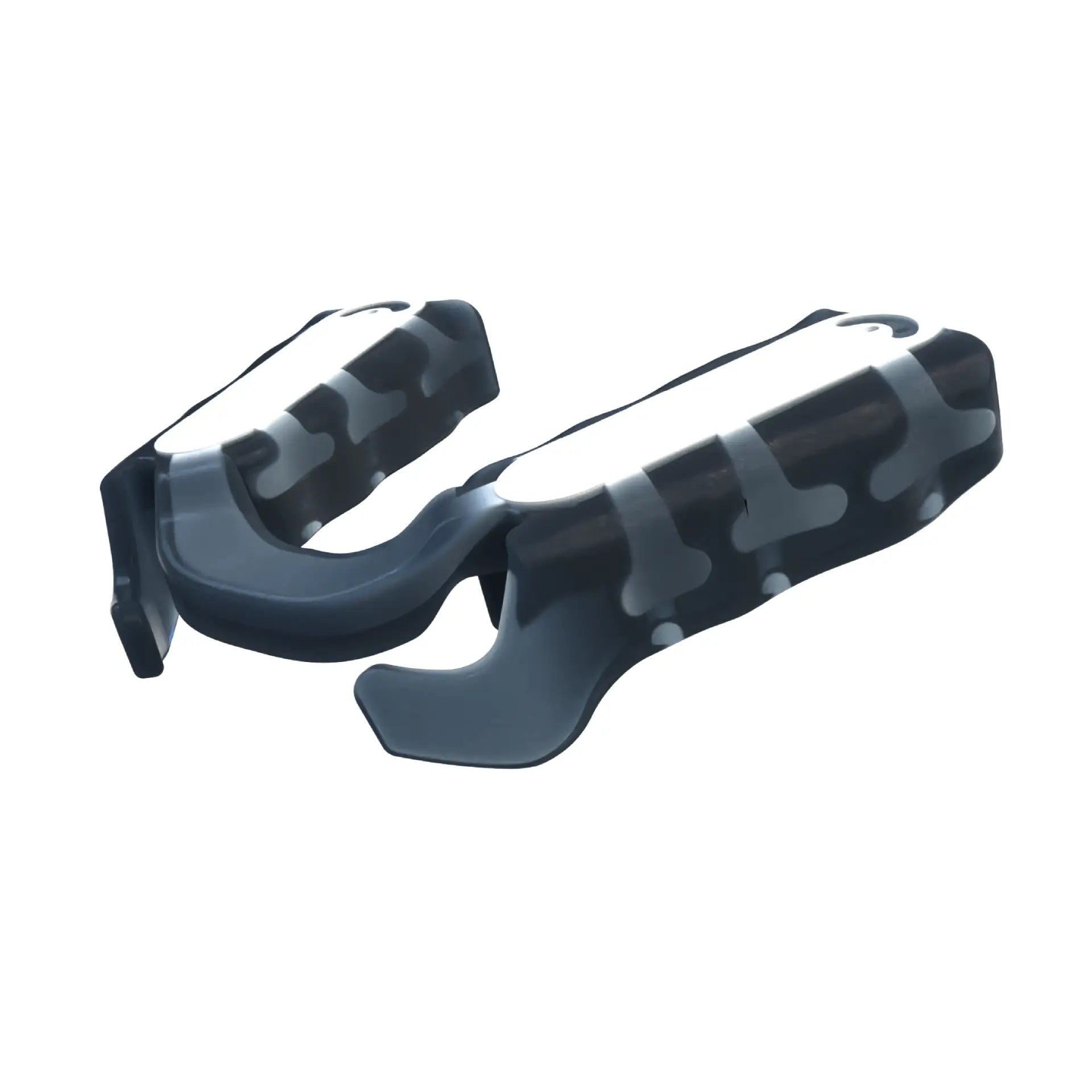 Black and gray performance mouthpiece with textured grip sections and curved design for oral positioning.