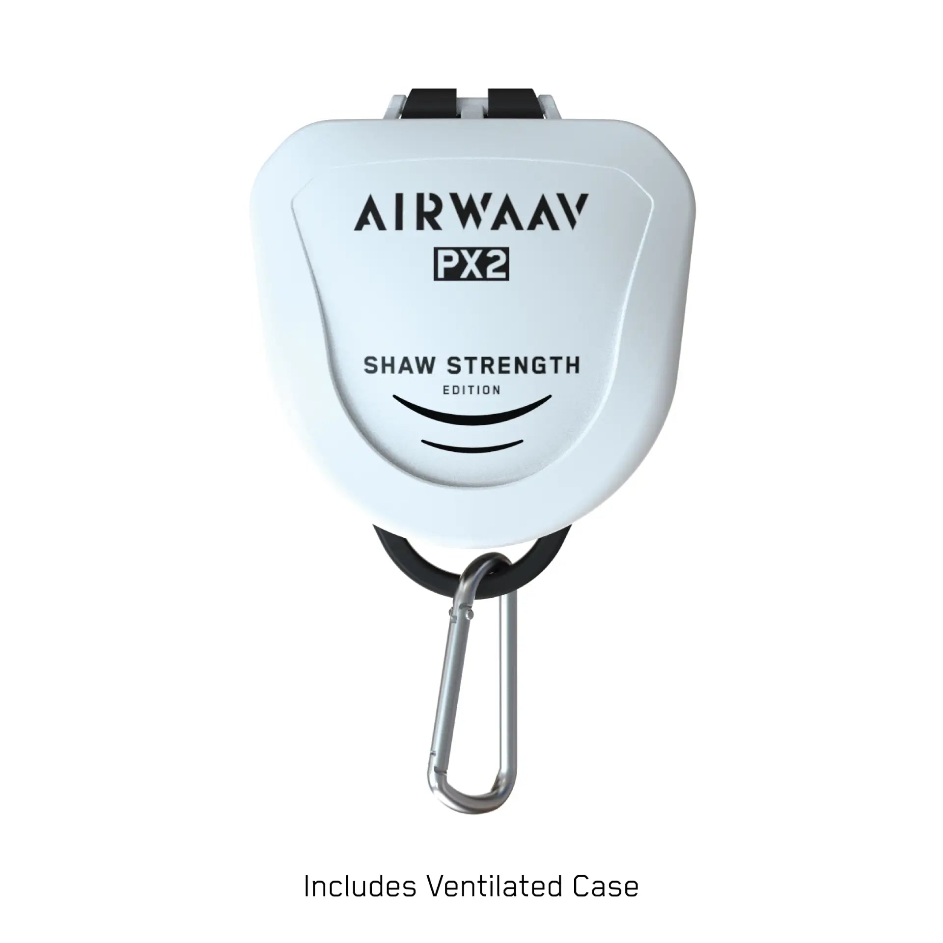 AIRWAAV PX2 white mouthpiece with black bite tabs and carabiner clip attached to ventilated case.